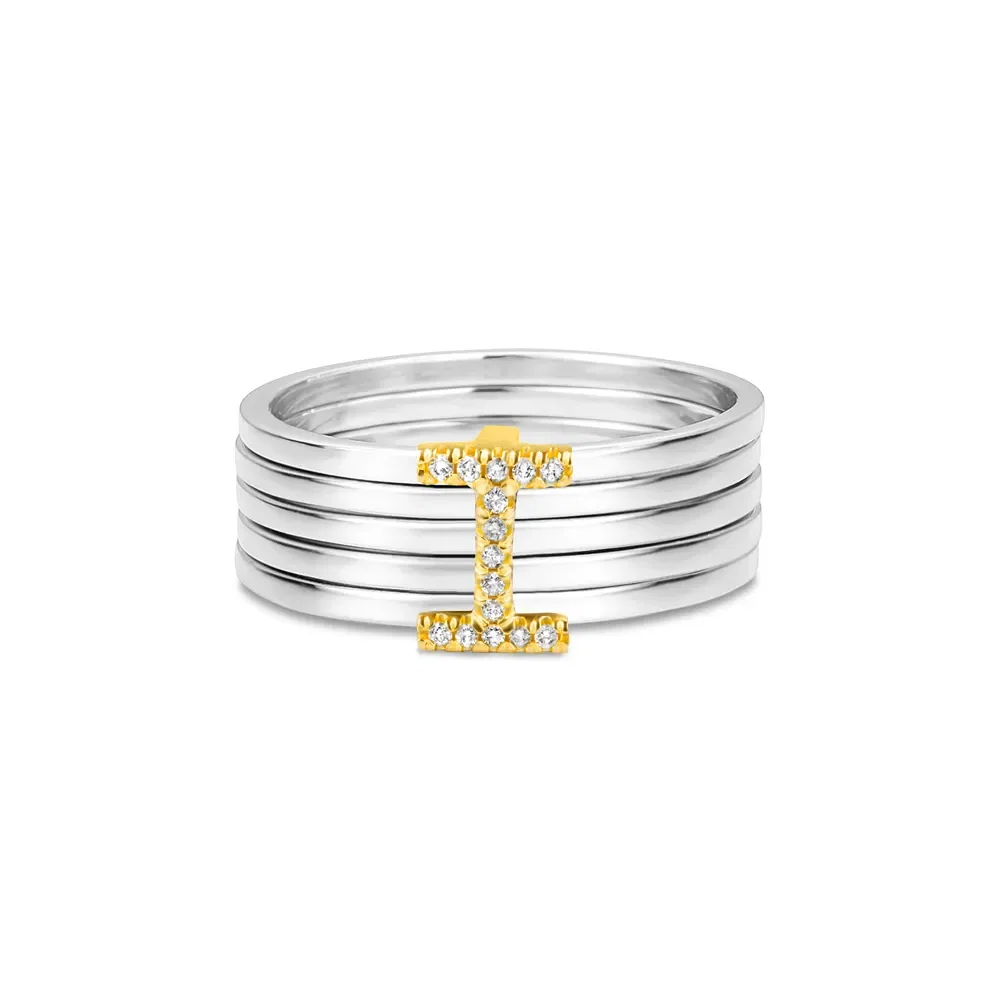 Anel Letra I em Prata 925 com Ouro Amarelo 18k e Diamantes — imagem 1