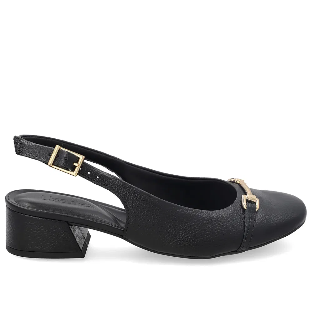 Slingback Em Couro Preto Bico Quadrado