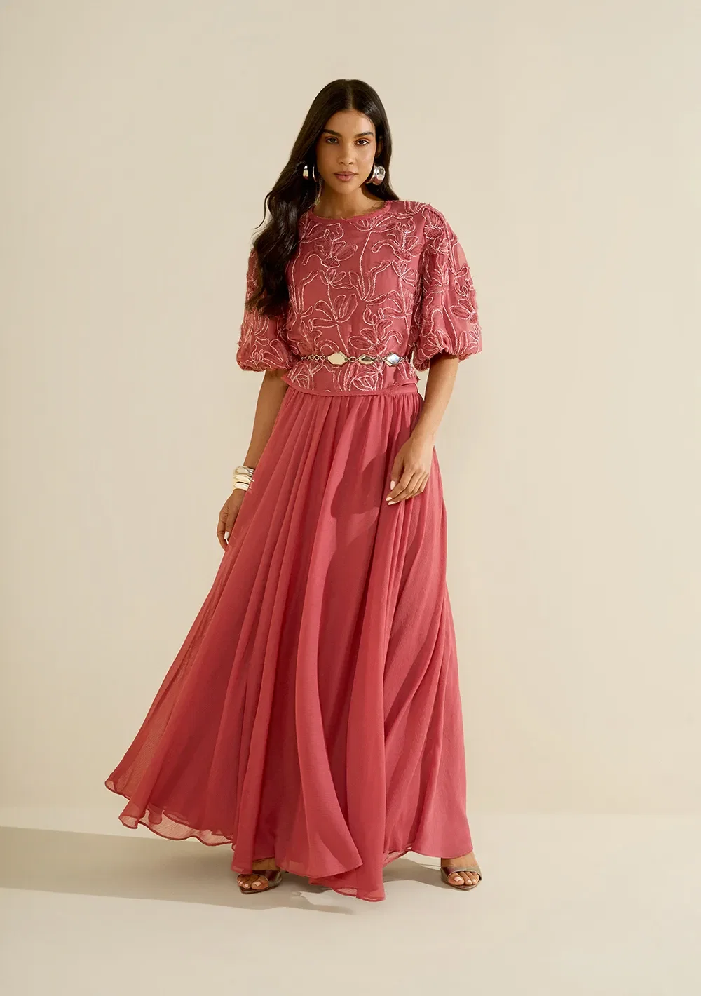 Blusa Morena Rosa Ajustada Decote Careca Manga Curta Padrão Rosa — imagem 1