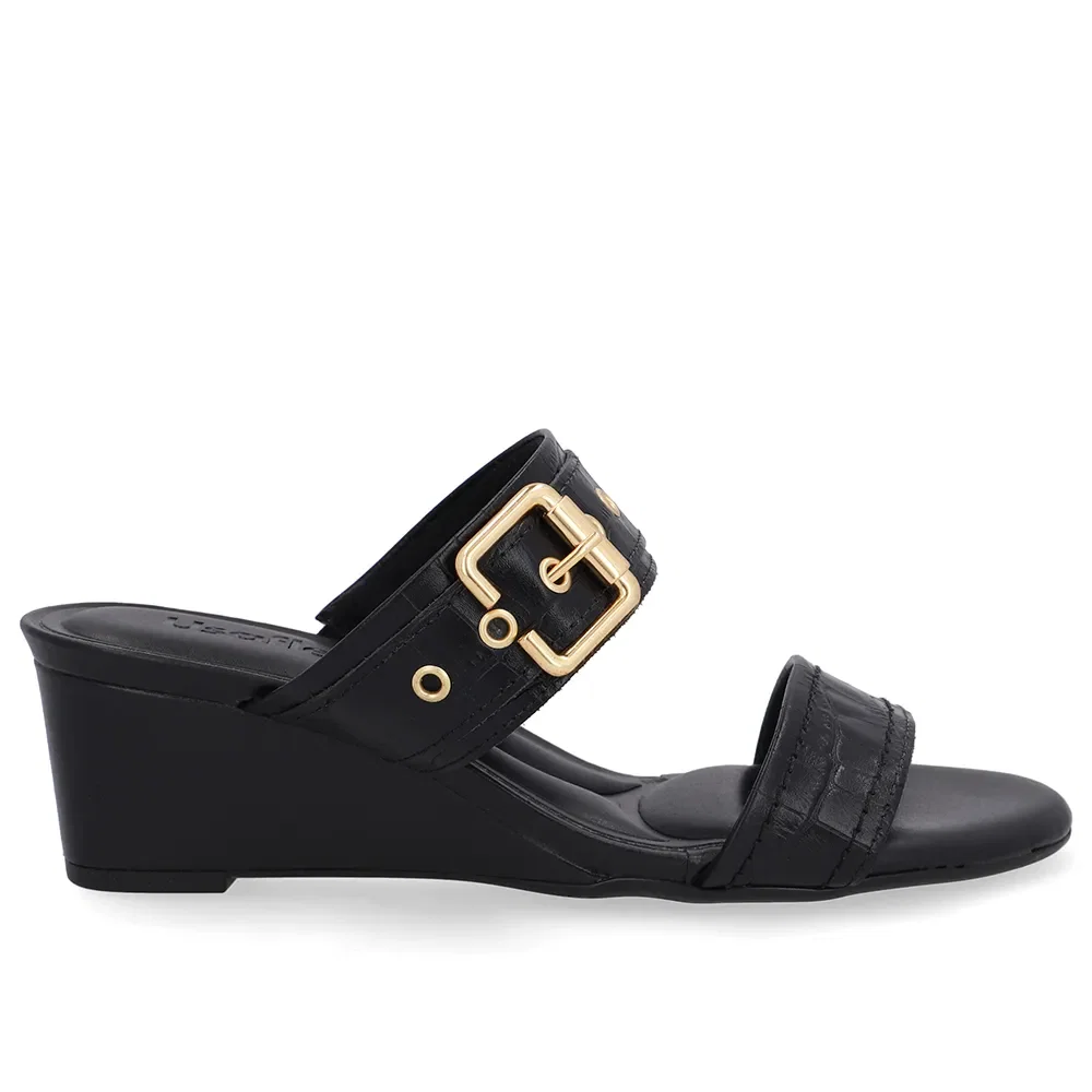 Tamanco Salto Anabela Couro Croco Preto Fivela — imagem 1