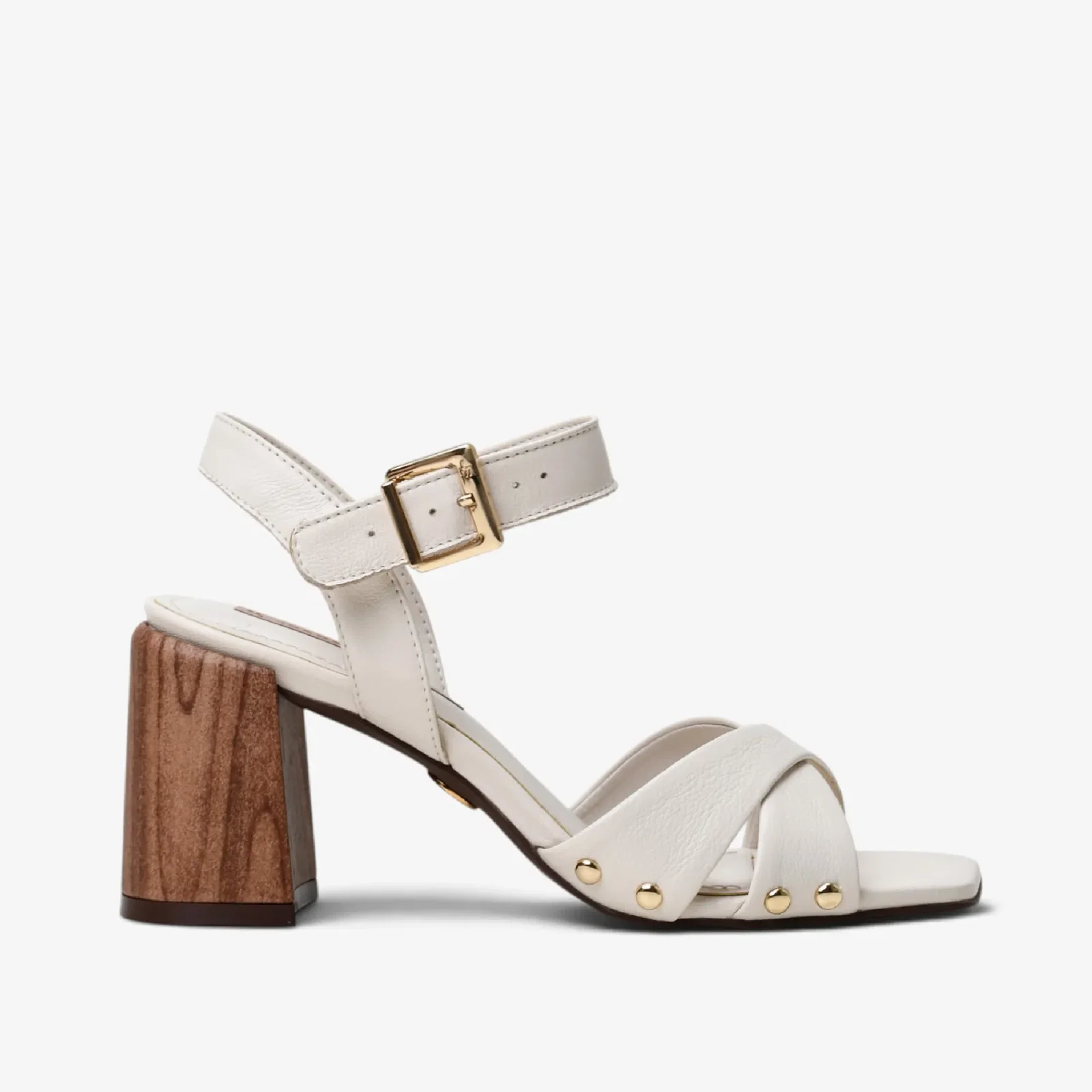 Sandália Salto Bloco Off White Algodão Couro