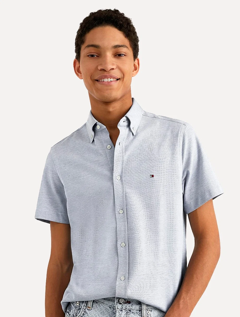 Camisa Tommy Hilfiger Masculina Manga Curta Regular Core Oxford Azul Claro Mescla