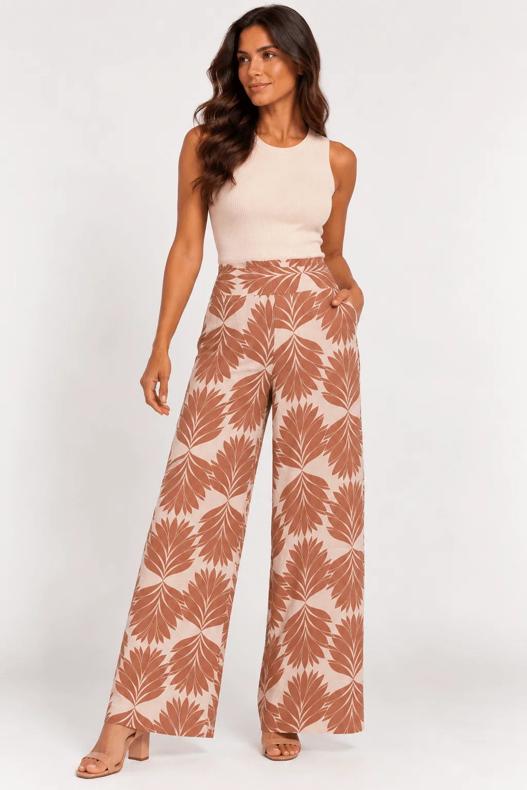 Calça Pantalona Estampada Folhagem - Rose