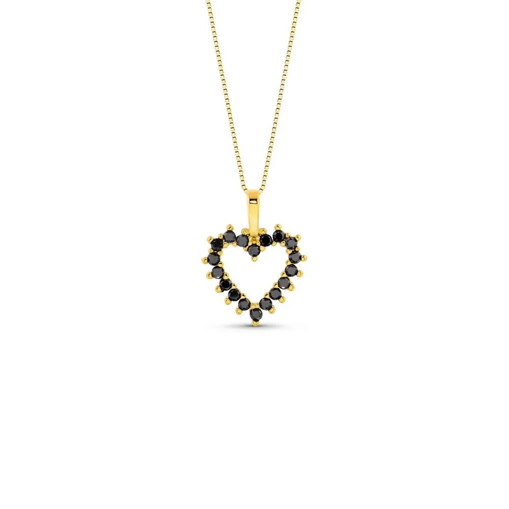 Pingente Amantes Coração em Ouro Amarelo 18k com Diamantes Negros, 15mm — imagem 1