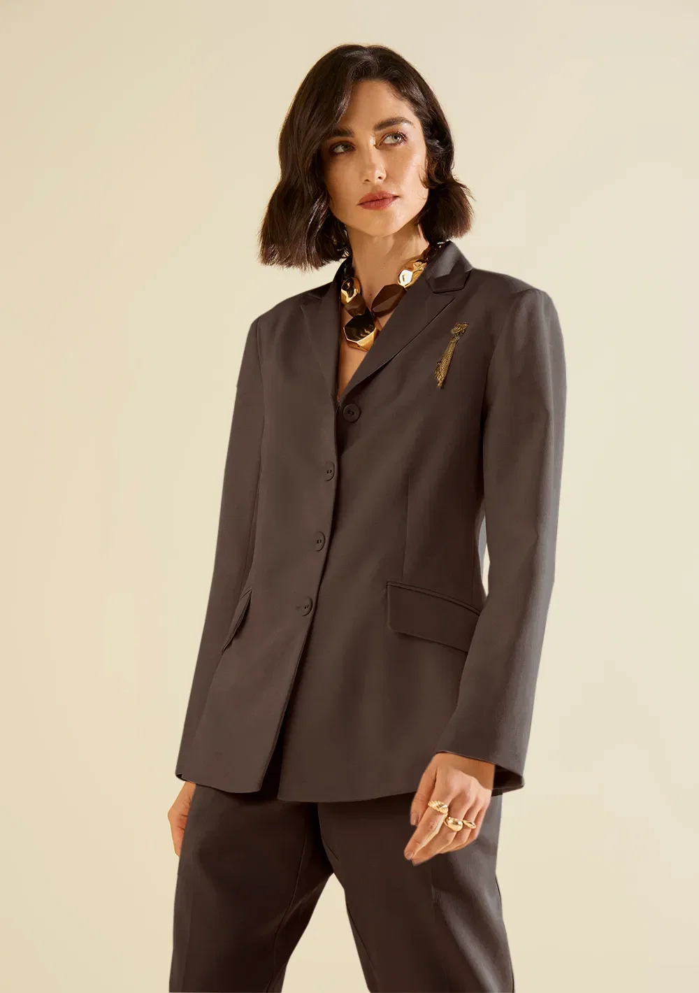 Blazer Morena Rosa Ajustado Manga Longa Padrão Marrom