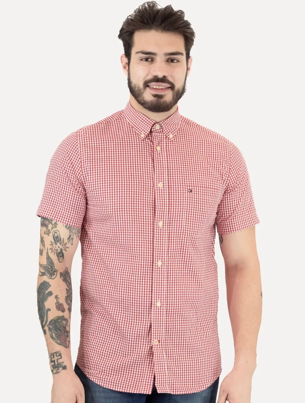 Camisa Tommy Hilfiger Masculina Manga Curta Xadrez Gingham Branca / Vermelha — imagem 1