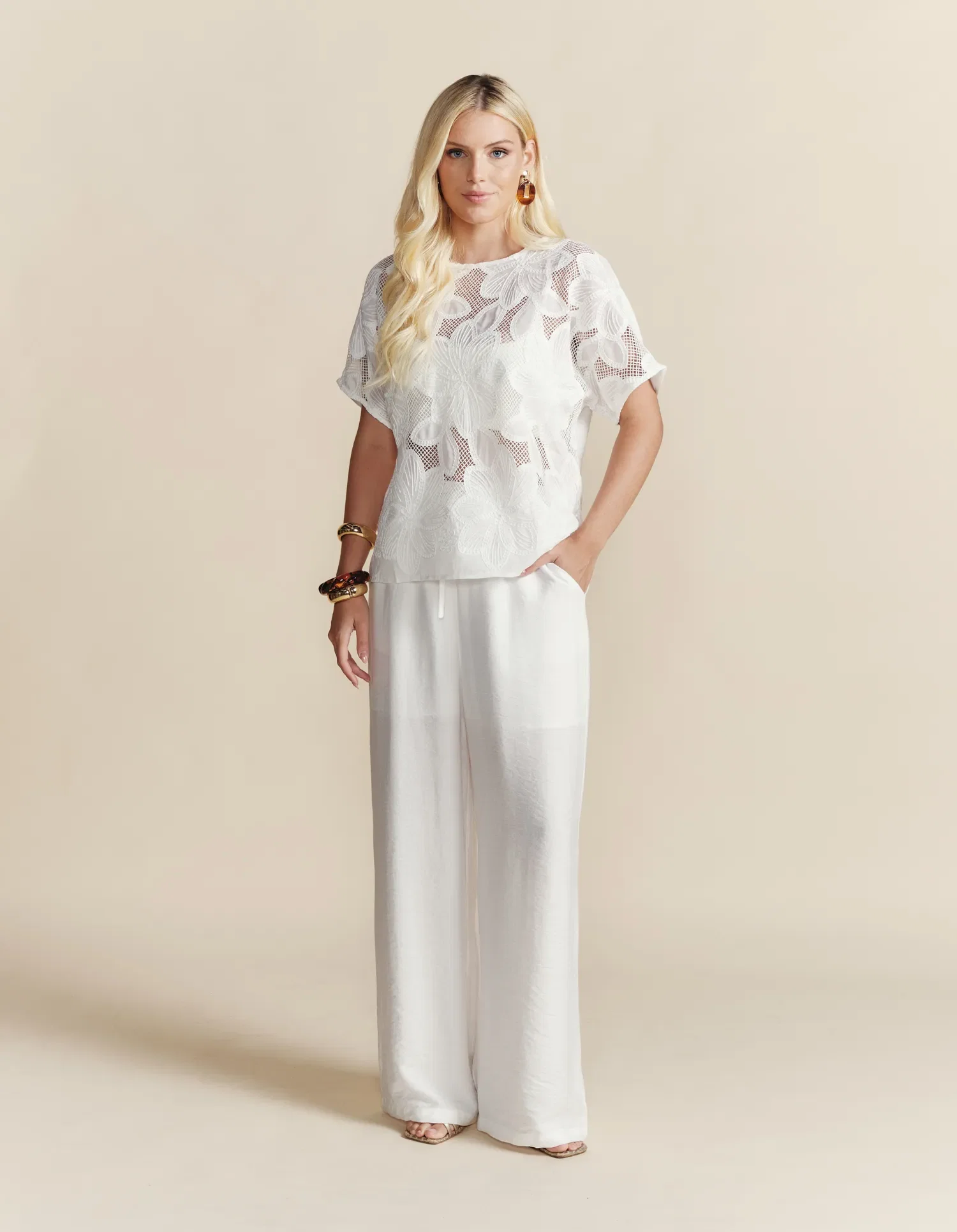 Calça Pantalona Cós Elástico - Branco