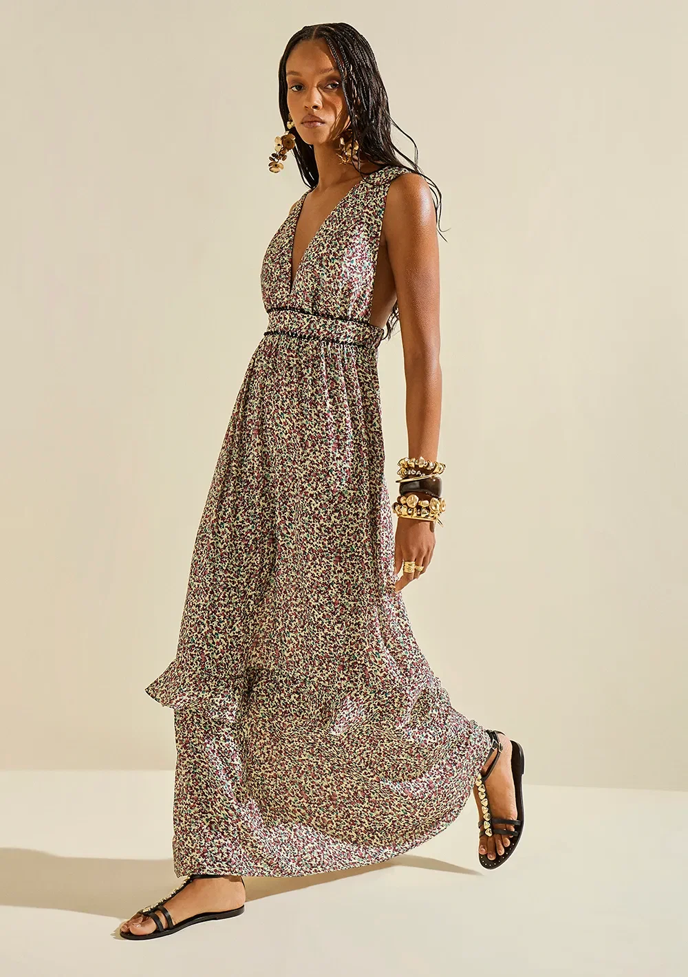 Vestido Morena Rosa Solto Decote V Com Alça Midi Verde