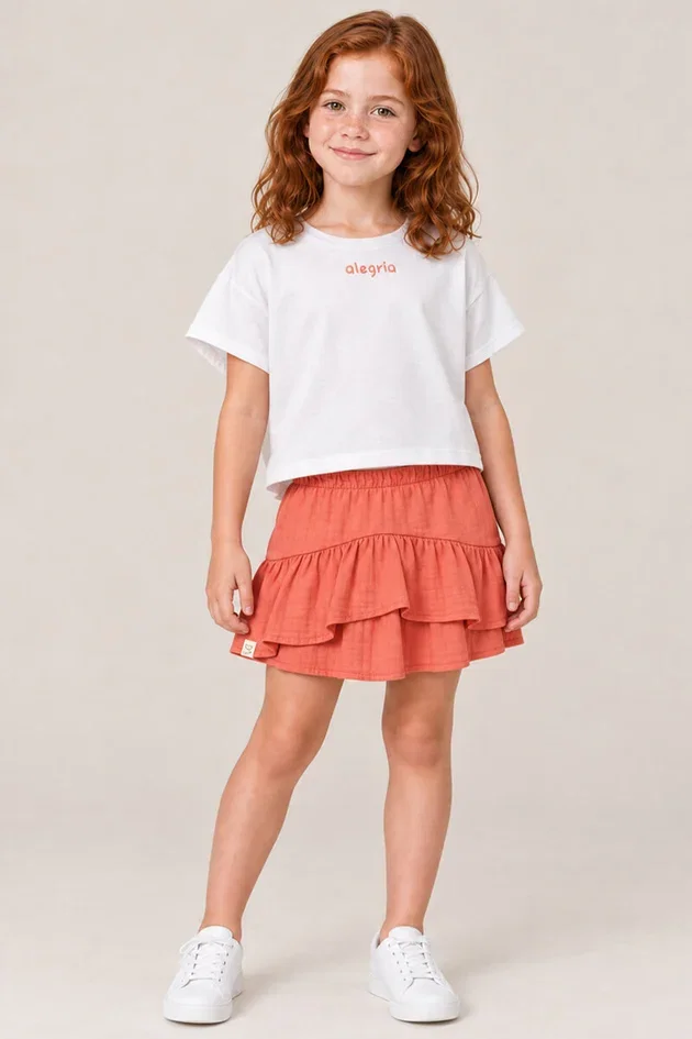 Conjunto Infantil Blusa em Tecido e Saia em Tecido