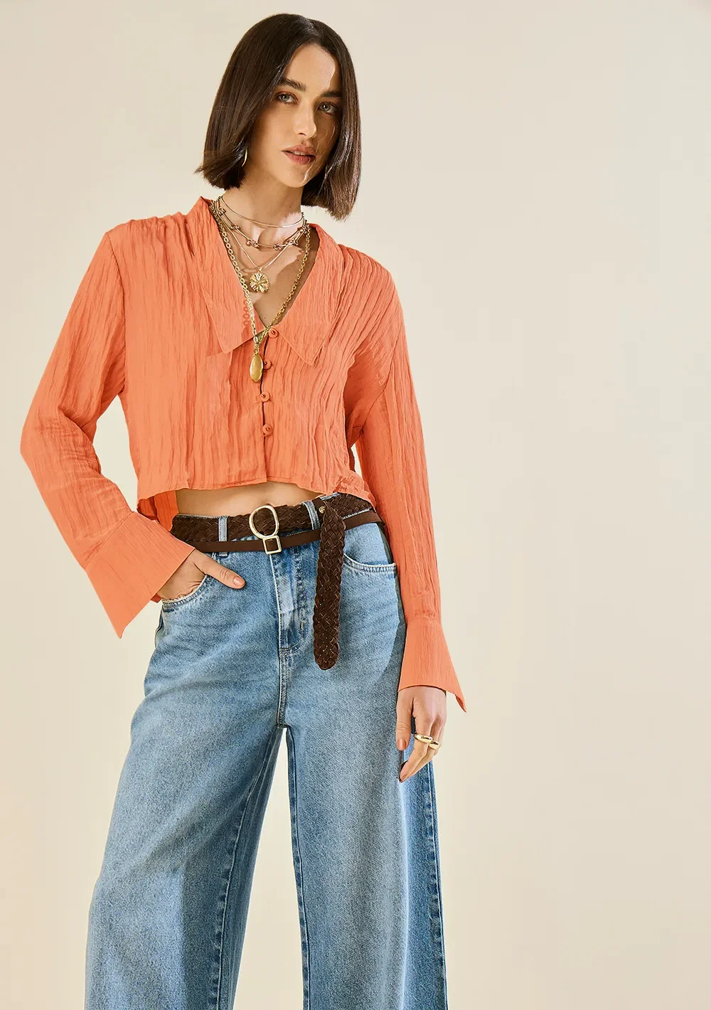Blusa Morena Rosa Ajustada Decote V Manga Longa Padrão Marrom