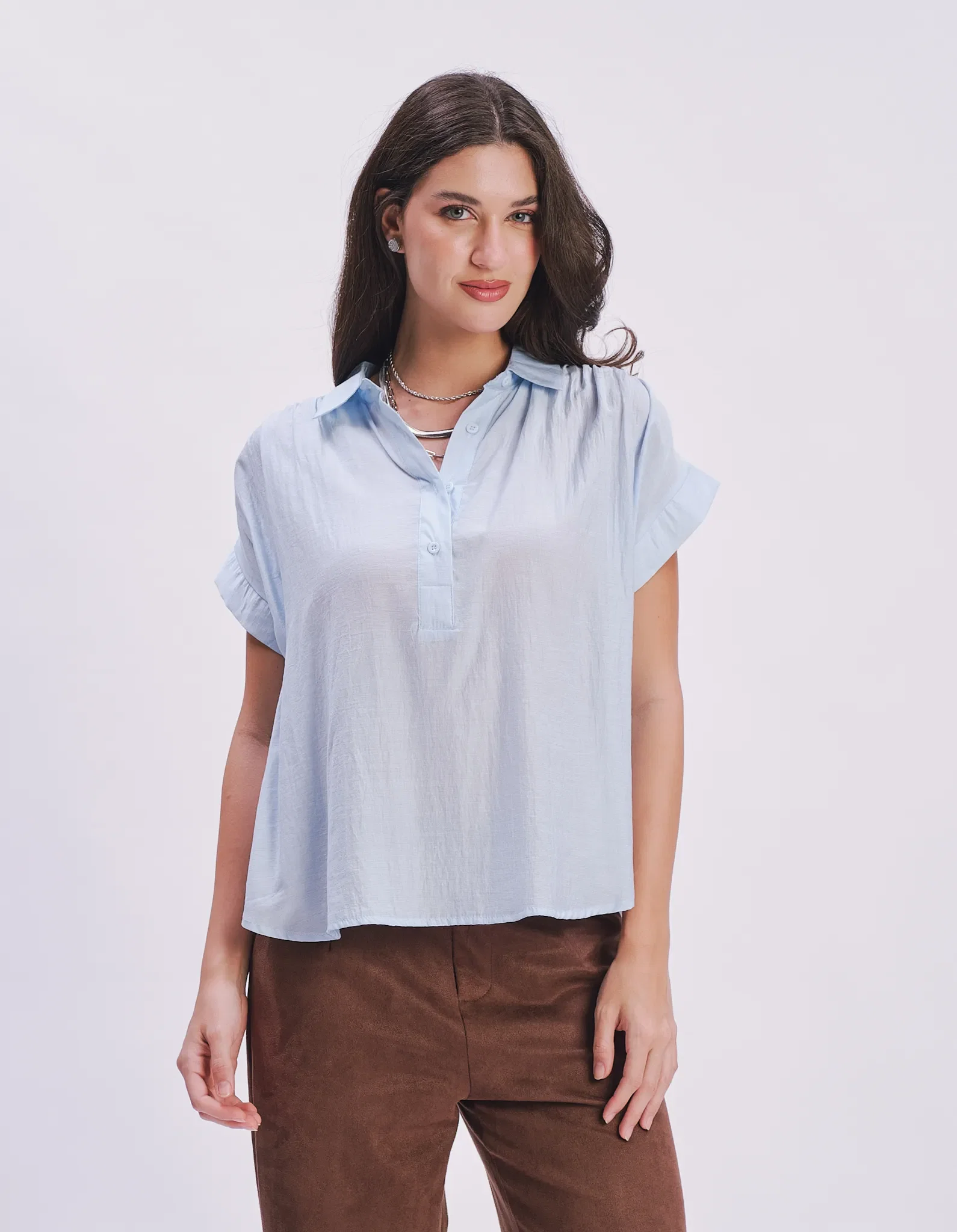 Blusa Manga Curta Gola Botões - Azul — imagem 1