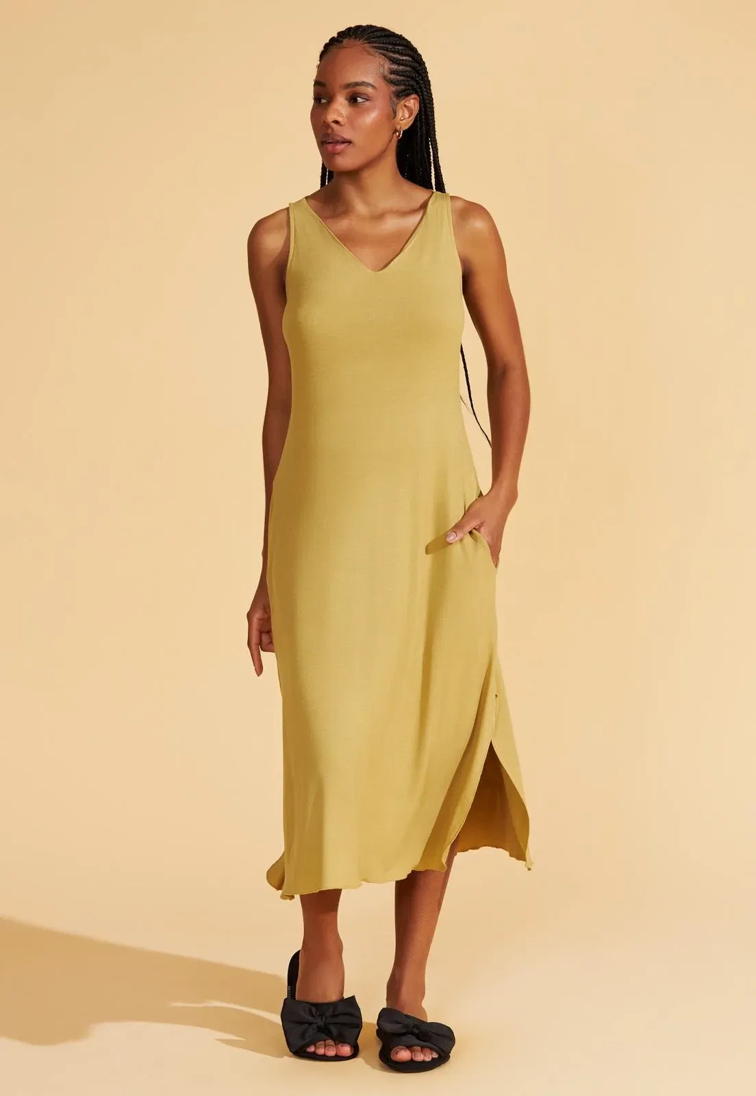 Slip Dress Midi Canelado Ecodry Recco