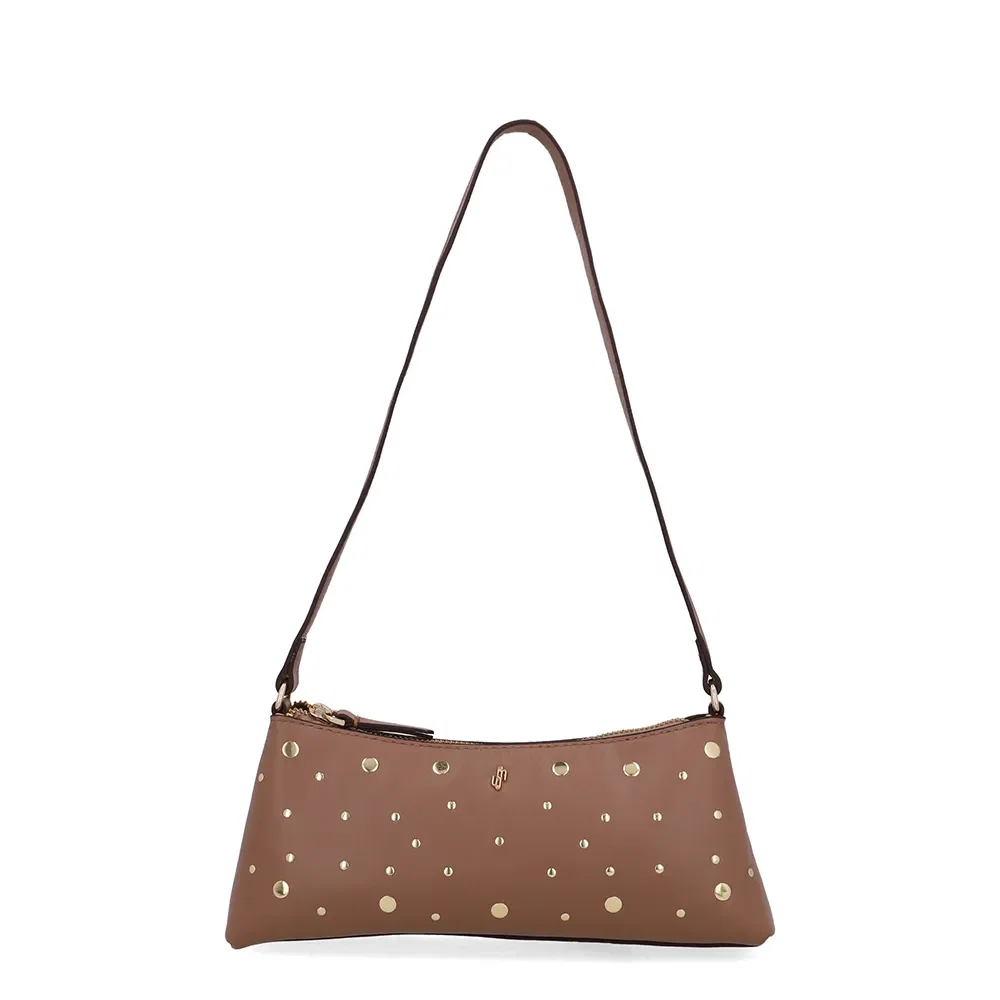 Bolsa Baguete Couro Tachas Marrom