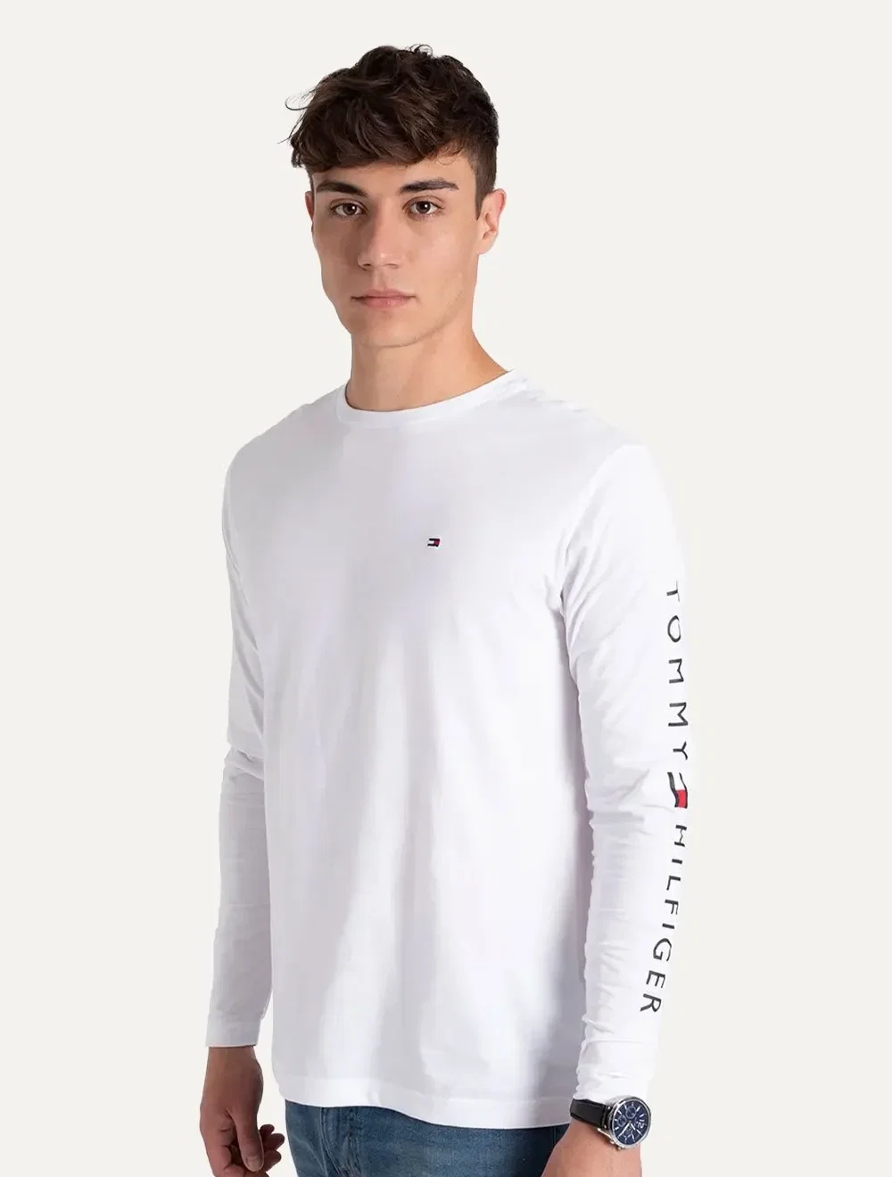 Camiseta Tommy Hilfiger Masculina Manga Longa Essential Sleeve Branca — imagem 1