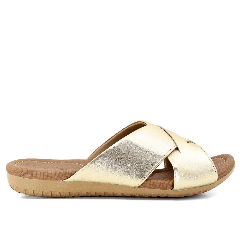 Chinelo Slide Metalizado Salto Plataforma Couro Taxturizado