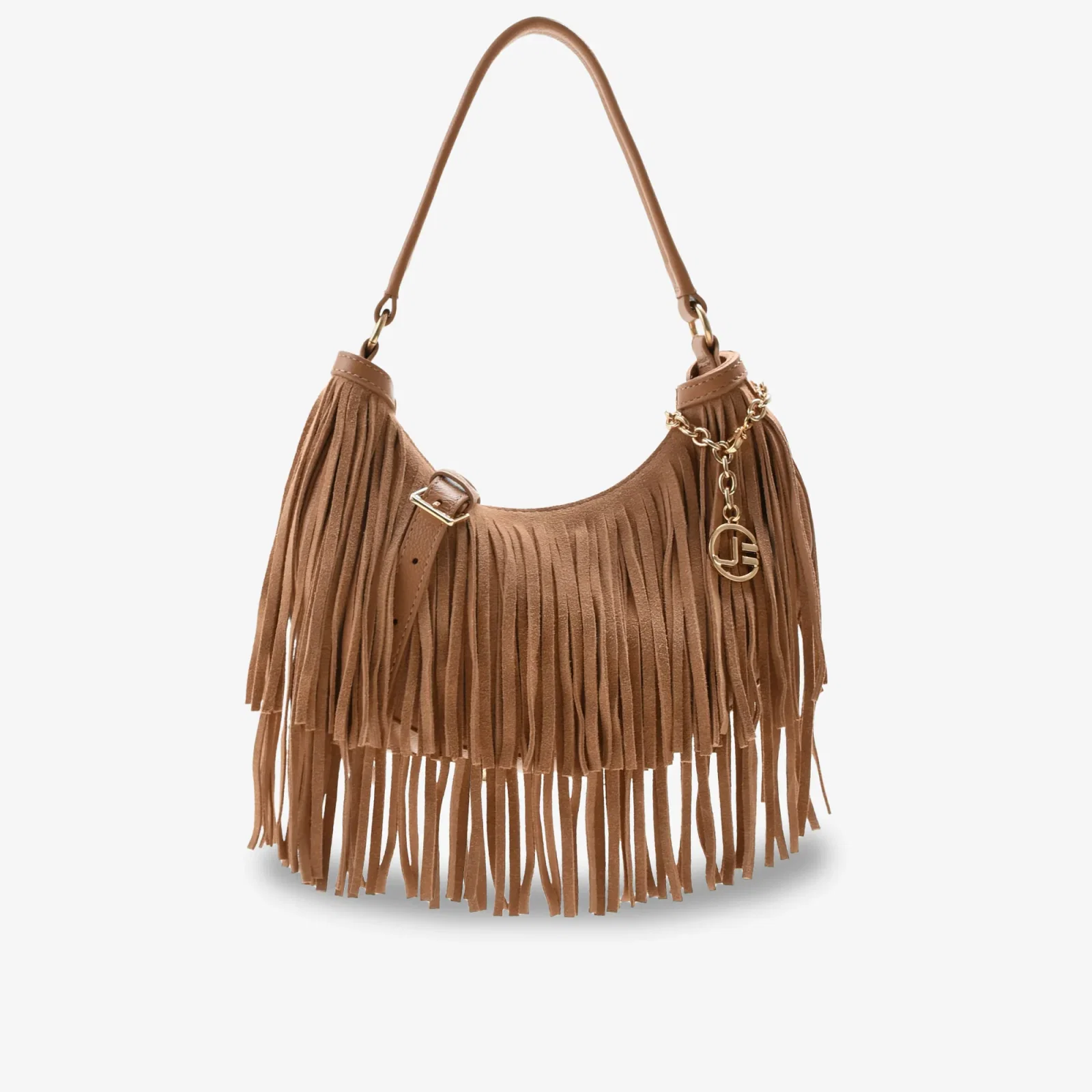 Bolsa Hobo Caramelo Trigo Franja Removível Couro