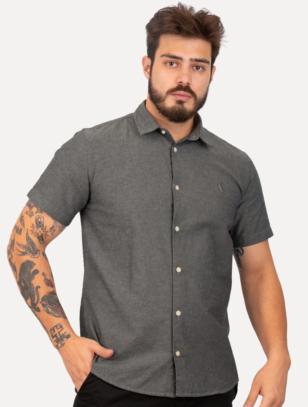 Camisa Reserva Masculina Manga Curta Oxford Color Preto Mescla — imagem 1