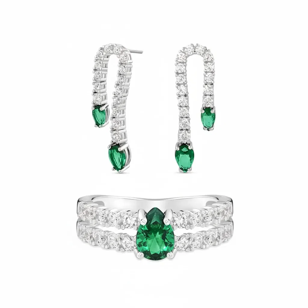 Kit Life Special - Conjunto Anel + Brinco em Prata 925 com Zircônia Incolor e Cristal Verde