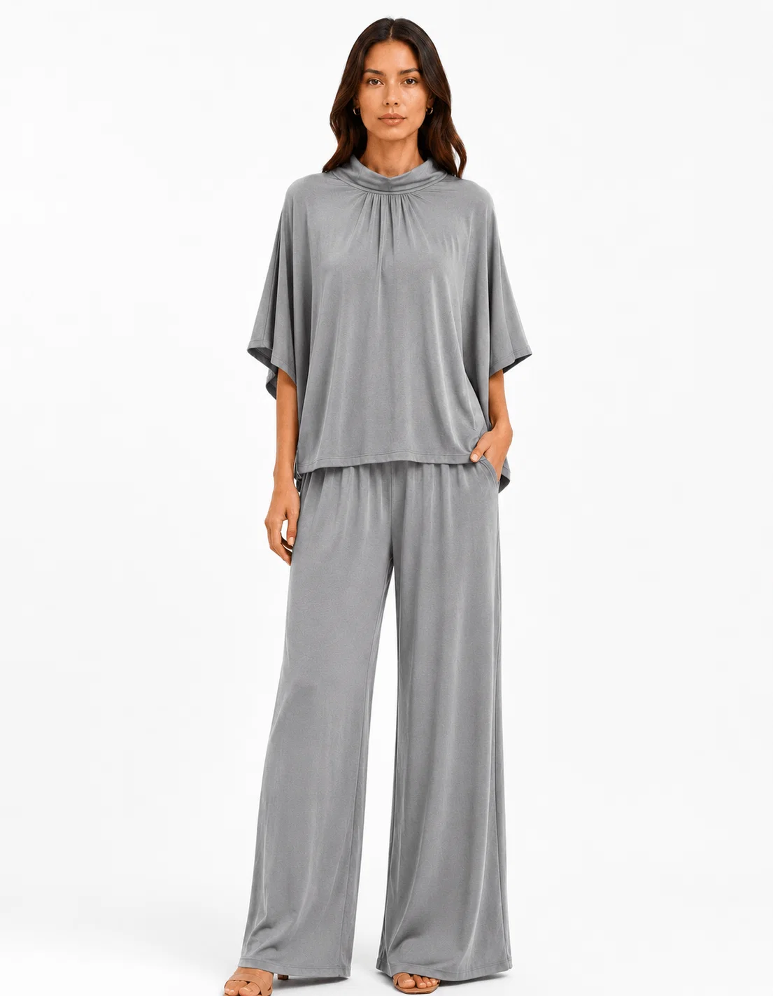 Calça Pantalona Elástico Bolsos - Marrom — imagem 1