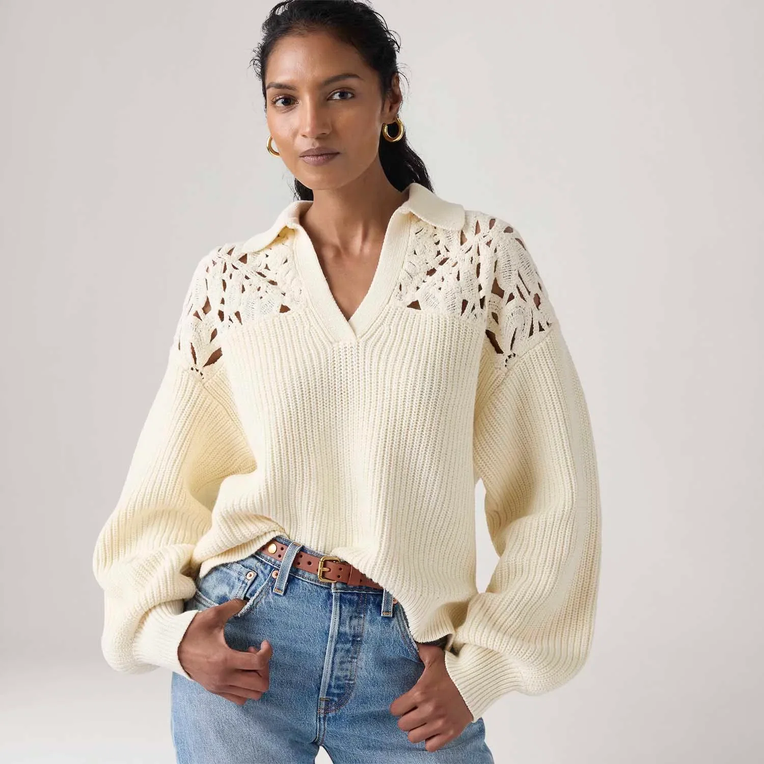 Blusa Levi's® Bianca Crochet Polo Manga Longa Off White