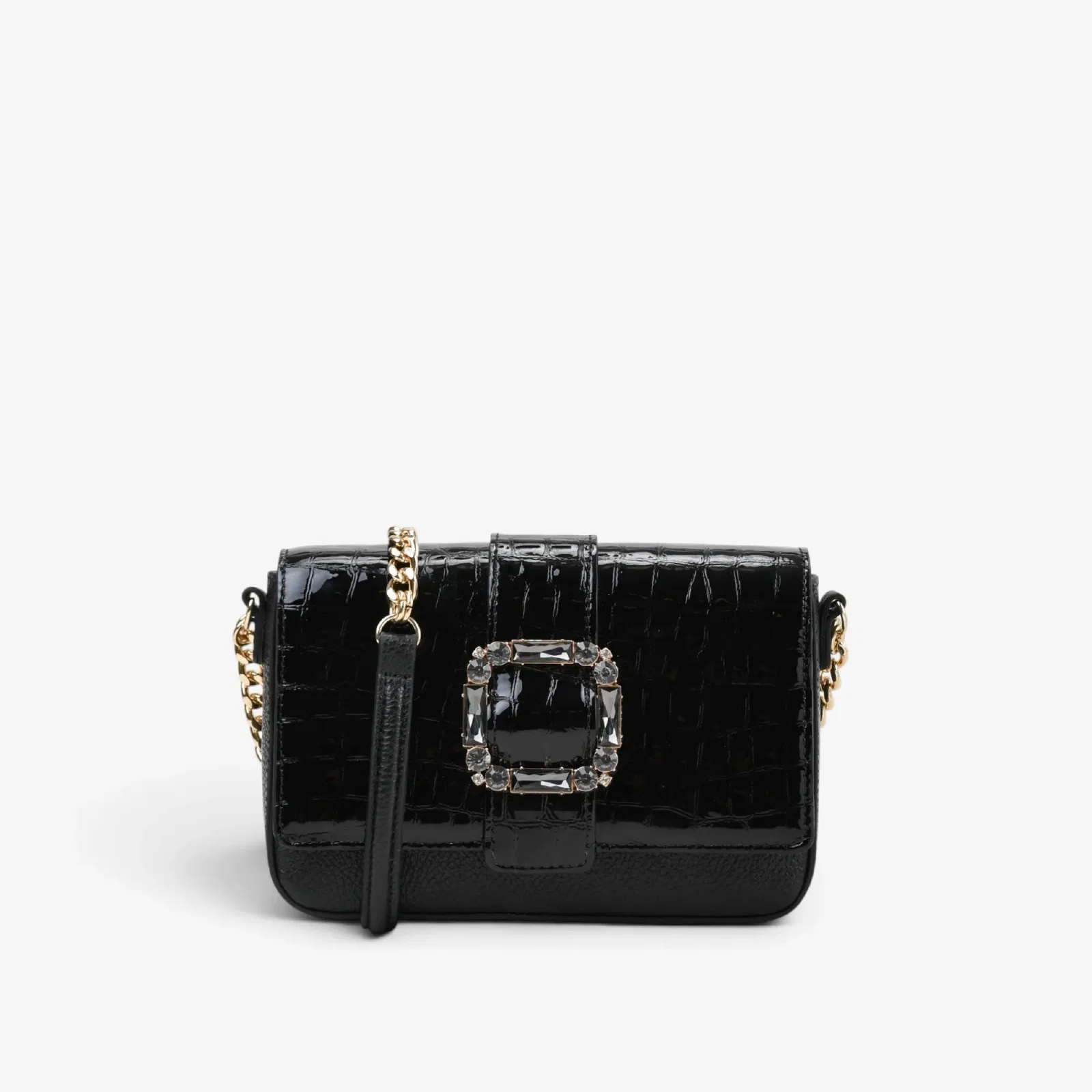 Bolsa Transversal Preto Couro Fivela Croco