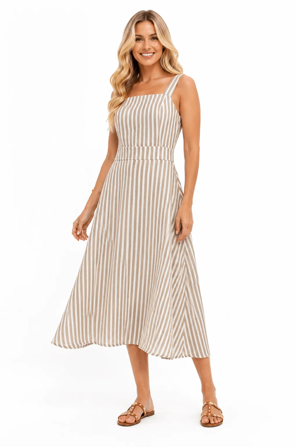 Vestido Midi Listrado - Bege