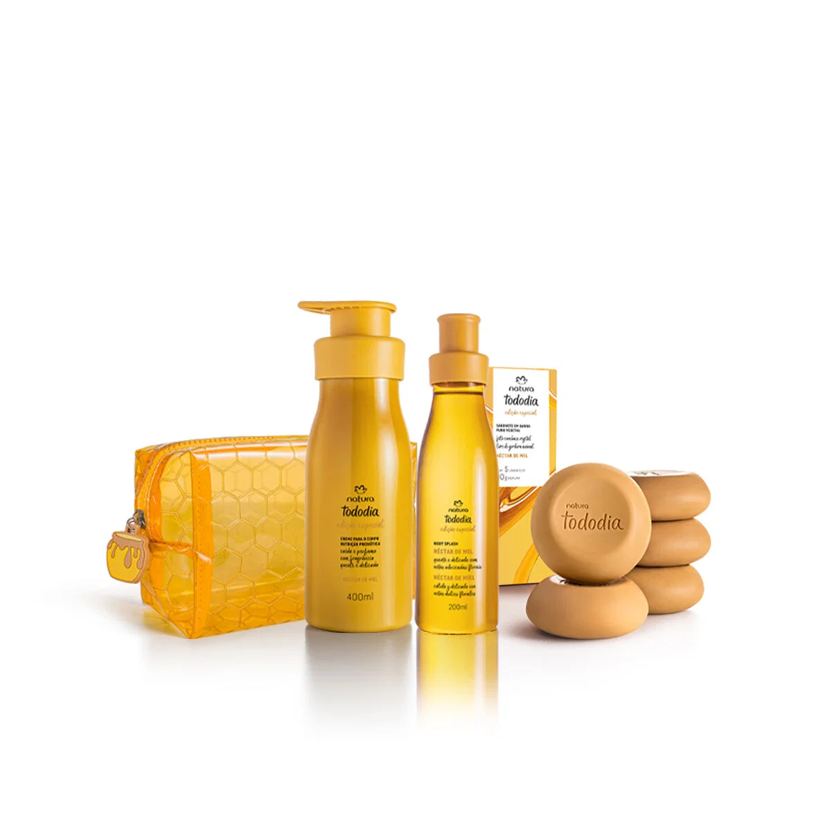 Kit Tododia Body Splash Desodorante Colônia, Creme Desodorante Nutritivo Corporal, Sabonete em Barra e Nécessaire Néctar de Mel 4 produtos
