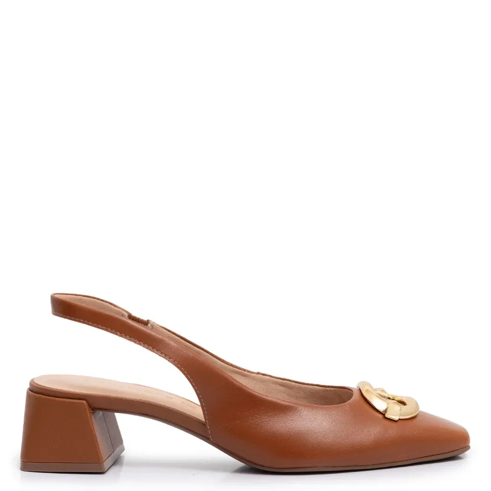 Scarpin Slingback Caramelo Couro Enfeite