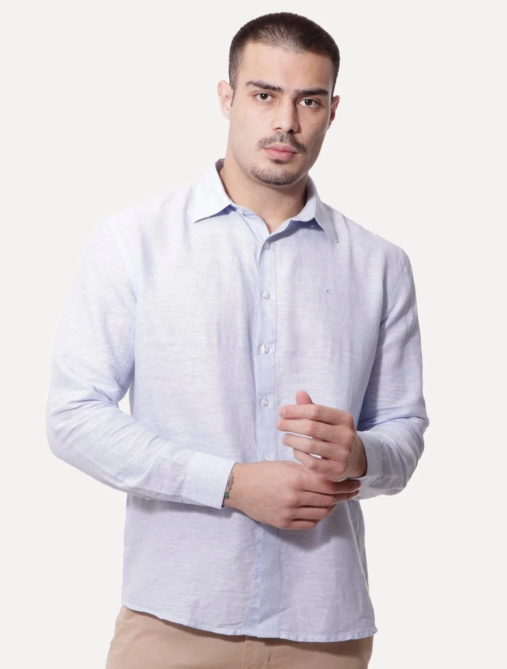 Camisa Ellus Masculina Linen Lighthouse Stripe Italian Classic Azul Claro