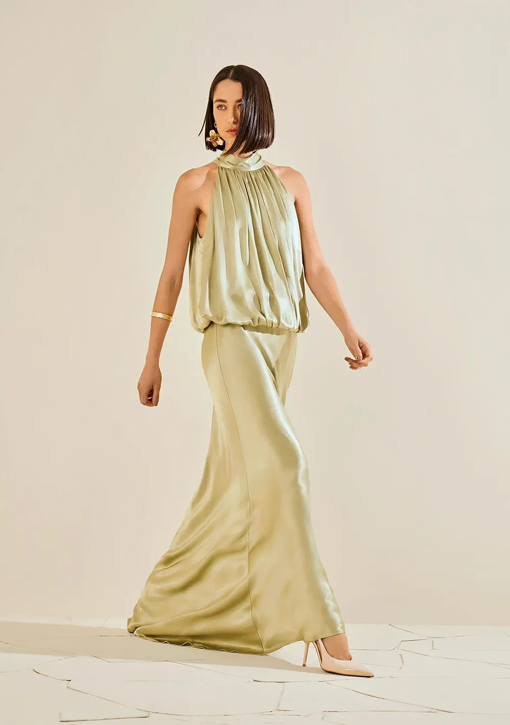 Vestido Solto Gola Alta Sem Manga Longo Verde