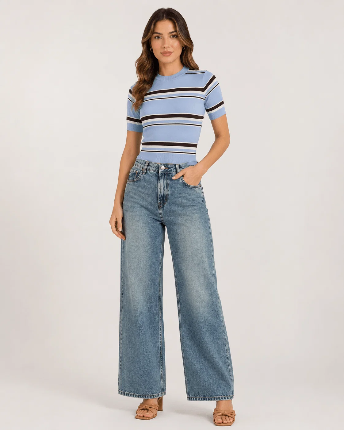 Blusa Tricô Manga Curta Listras - Azul — imagem 1