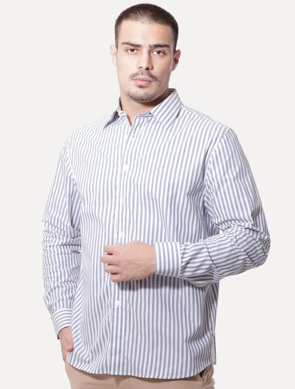 Camisa Ellus Masculina Tricoline Dash Stripe Classic Italian Branca / Azul