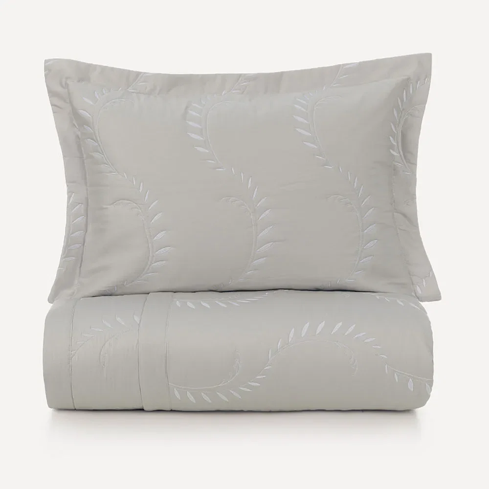Colcha com Porta-travesseiros 300 Fios Aruna Prata / Branco