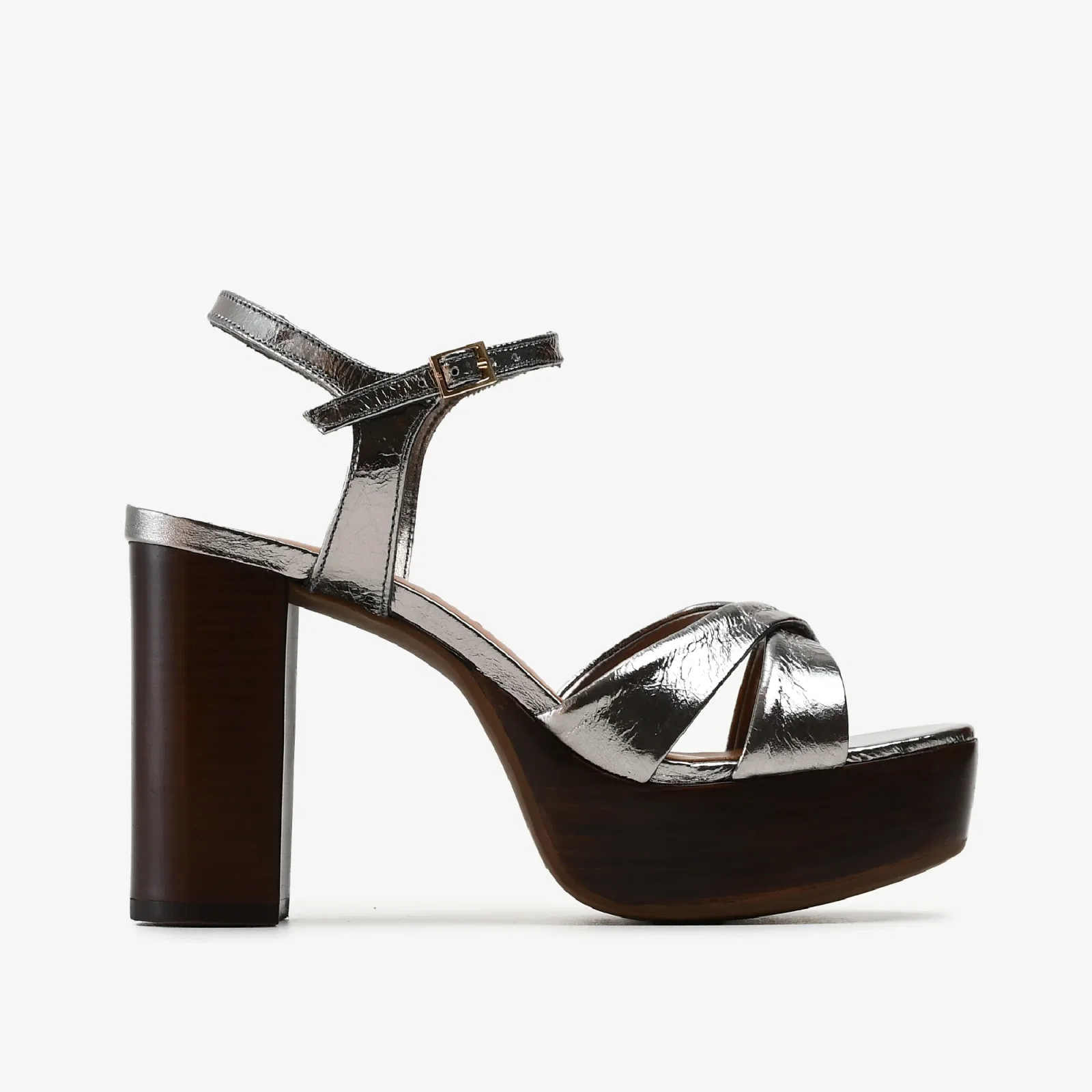 Sandália Metal Prata Velho Salto Bloco Meia Pata Couro