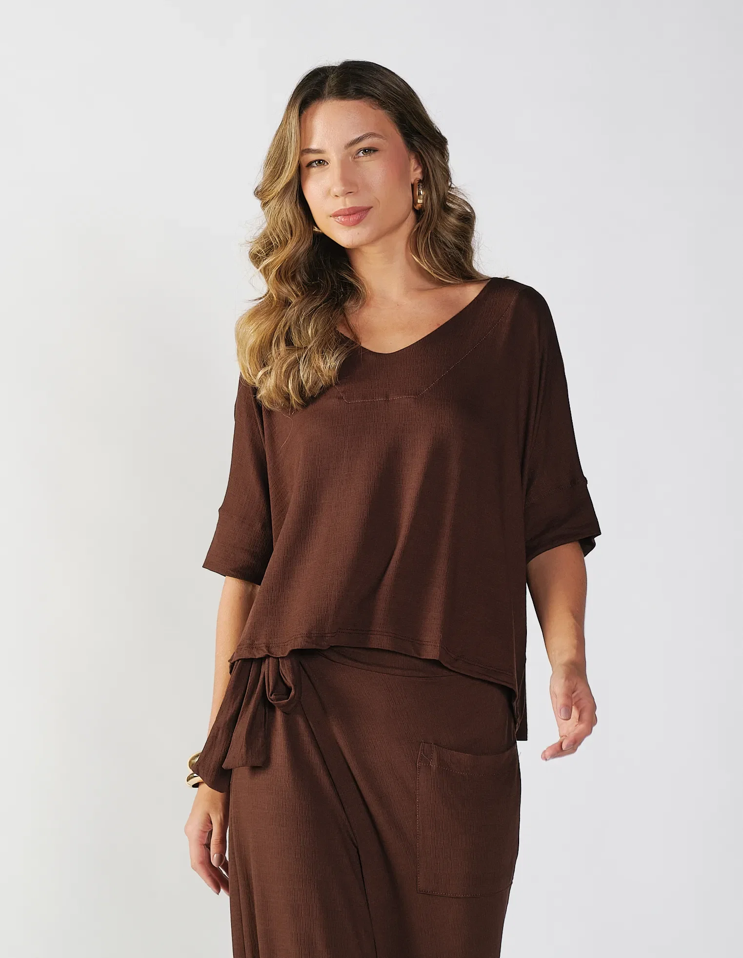Blusa Ampla Manga 3/4 - Marrom