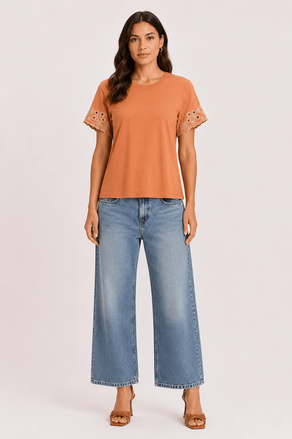 Blusa Manga Curta Bordado Flor Geométrica - Terracota — imagem 1