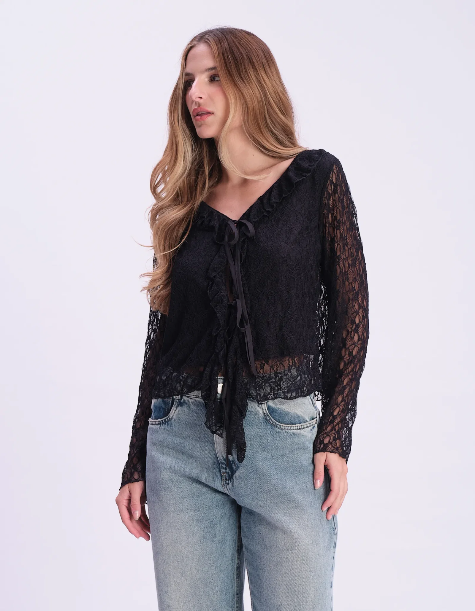 Blusa Manga Longa Babados - Preto — imagem 1
