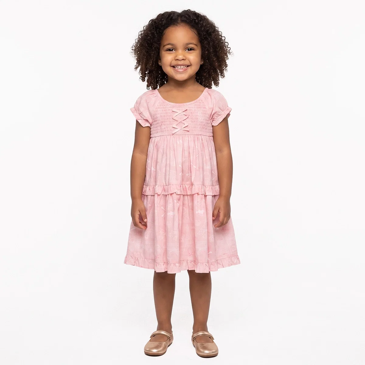 Vestido Manga Curta Toddler Floral Paris Tricoline Estampado Tip Top