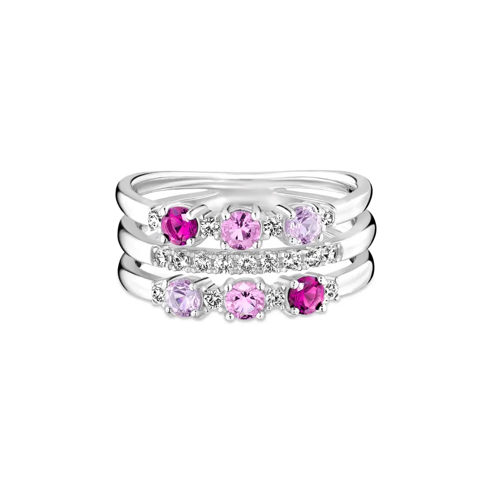 Anel Life Ocean Triplo em Prata 925 com Pedras Rosas e Incolores