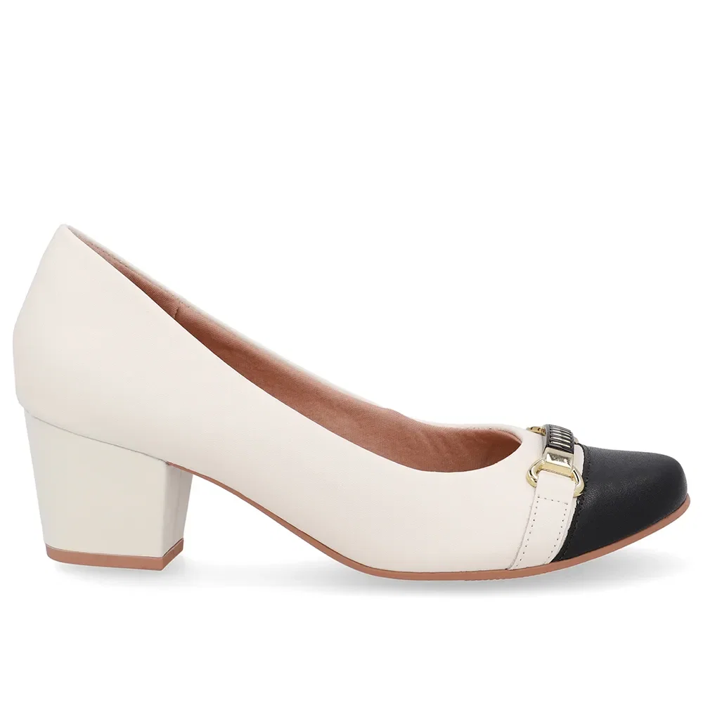 Scarpin Couro Branco Marfim Preto Salto Bloco — imagem 1