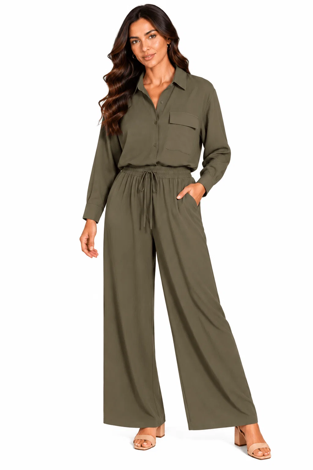 Calça Pantalona Bolsos Laterais - Verde Oliva — imagem 1