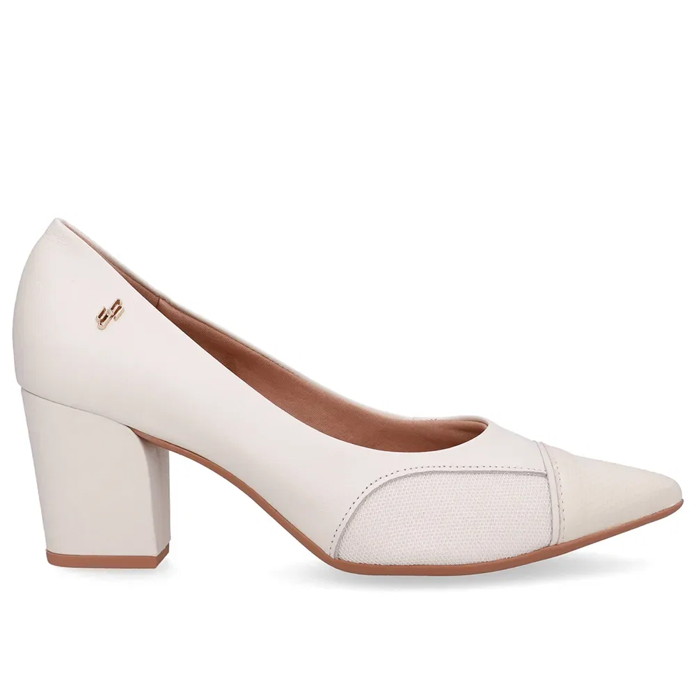 Scarpin Couro Branco Marfim Lateral Tecido