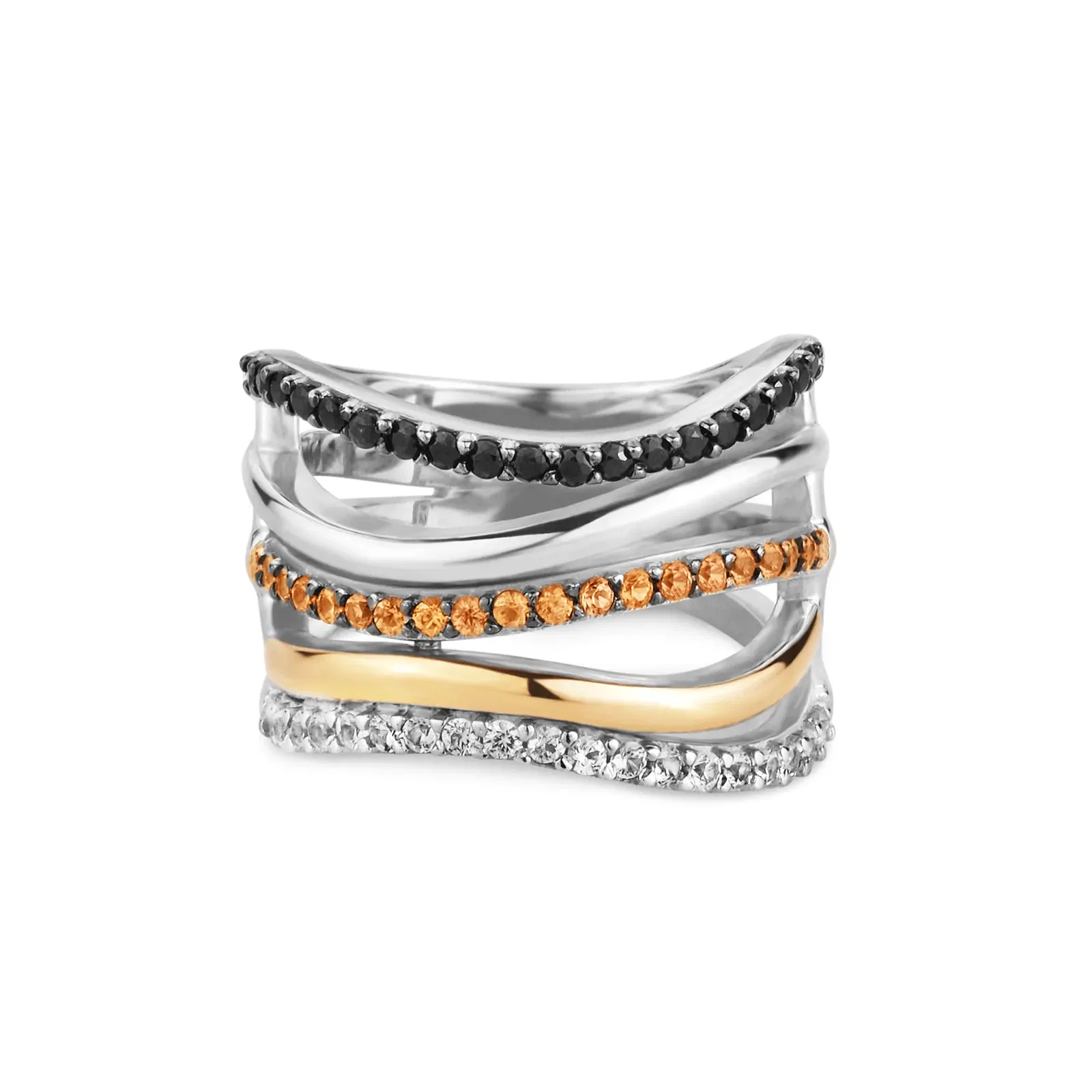 Anel Palace em Prata 925 e Ouro Amarelo 18k com Safira Incolor, Negra e Laranja