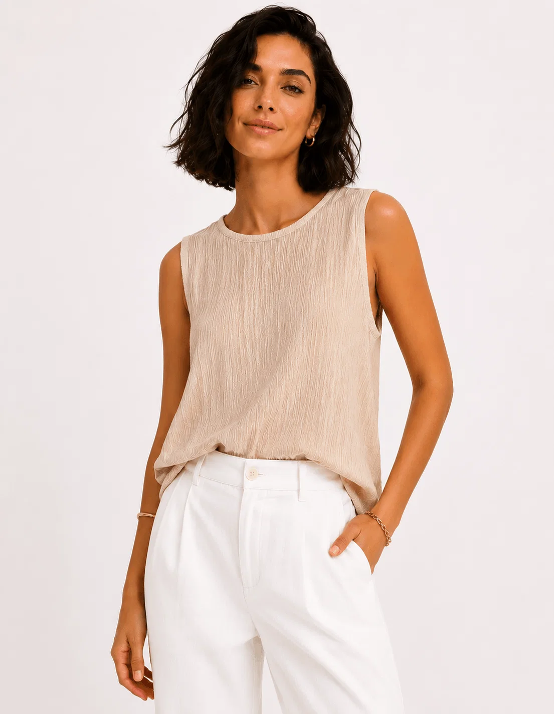 Blusa Sem Manga Barra Fraldada - Bege — imagem 1