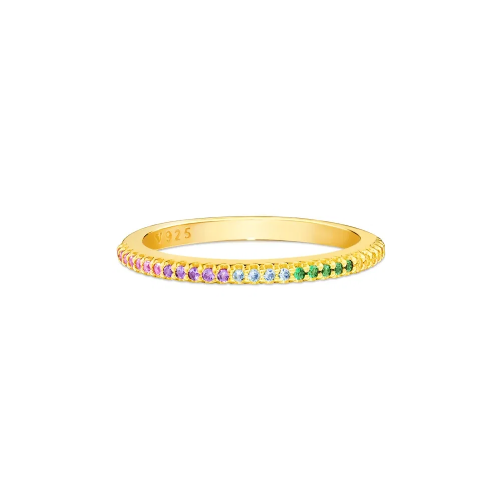 Anel Life Pavê em Prata 925 com Banho de Ouro Amarelo 18k e Pedras Coloridas