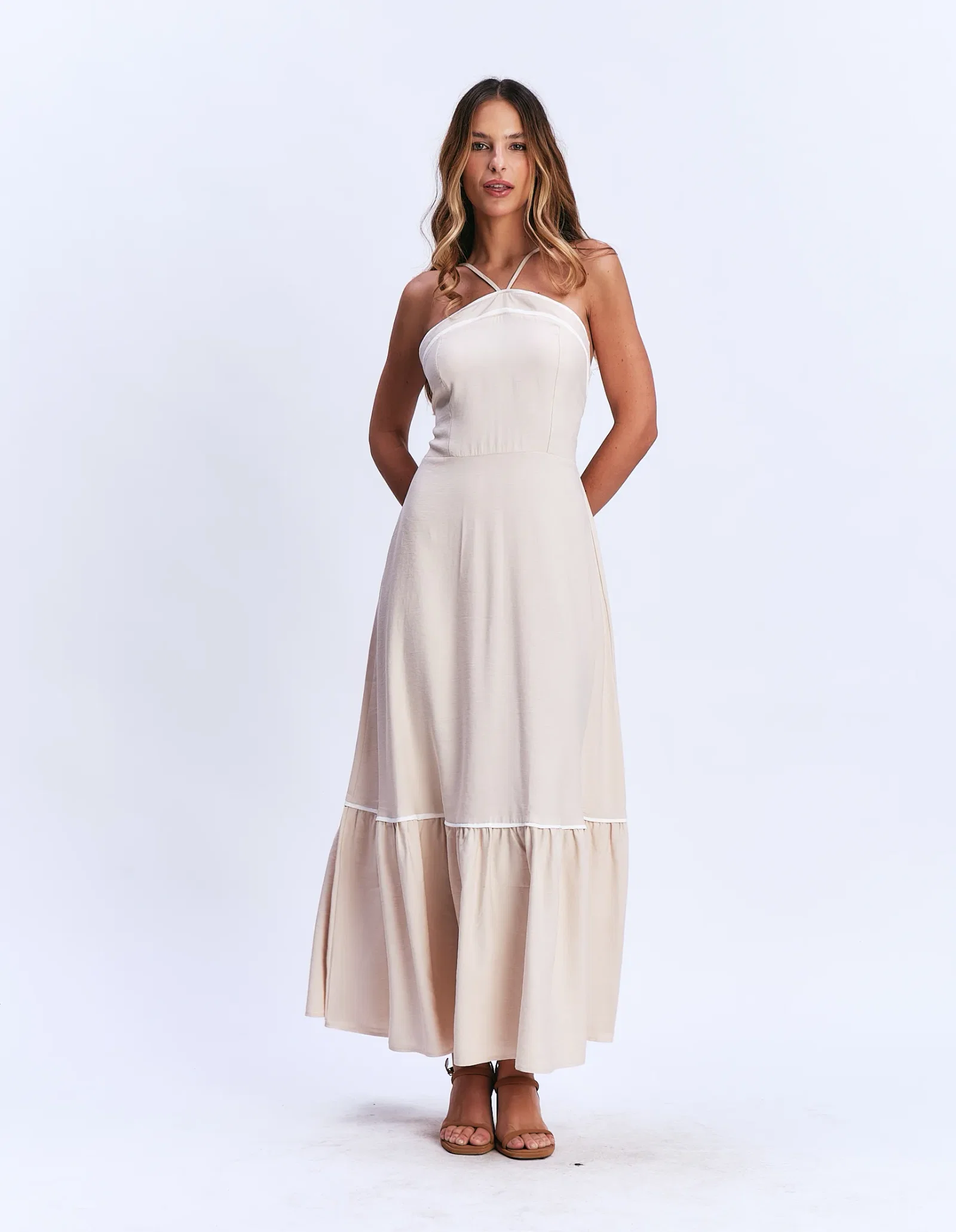 Vestido Longo Frente Única Detalhe Vivos - Areia