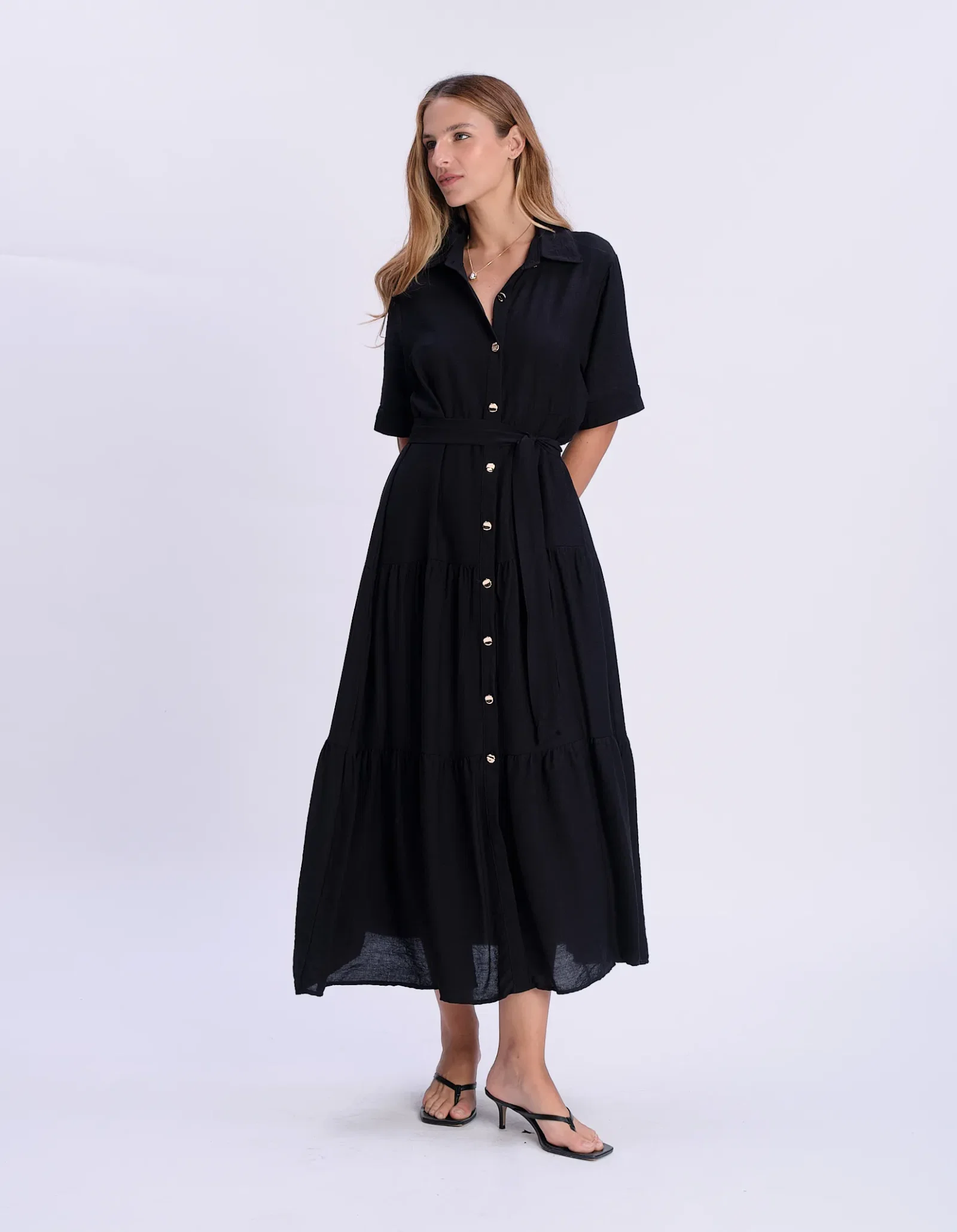 Chemise Marias Botões Faixa Amarração - Preto