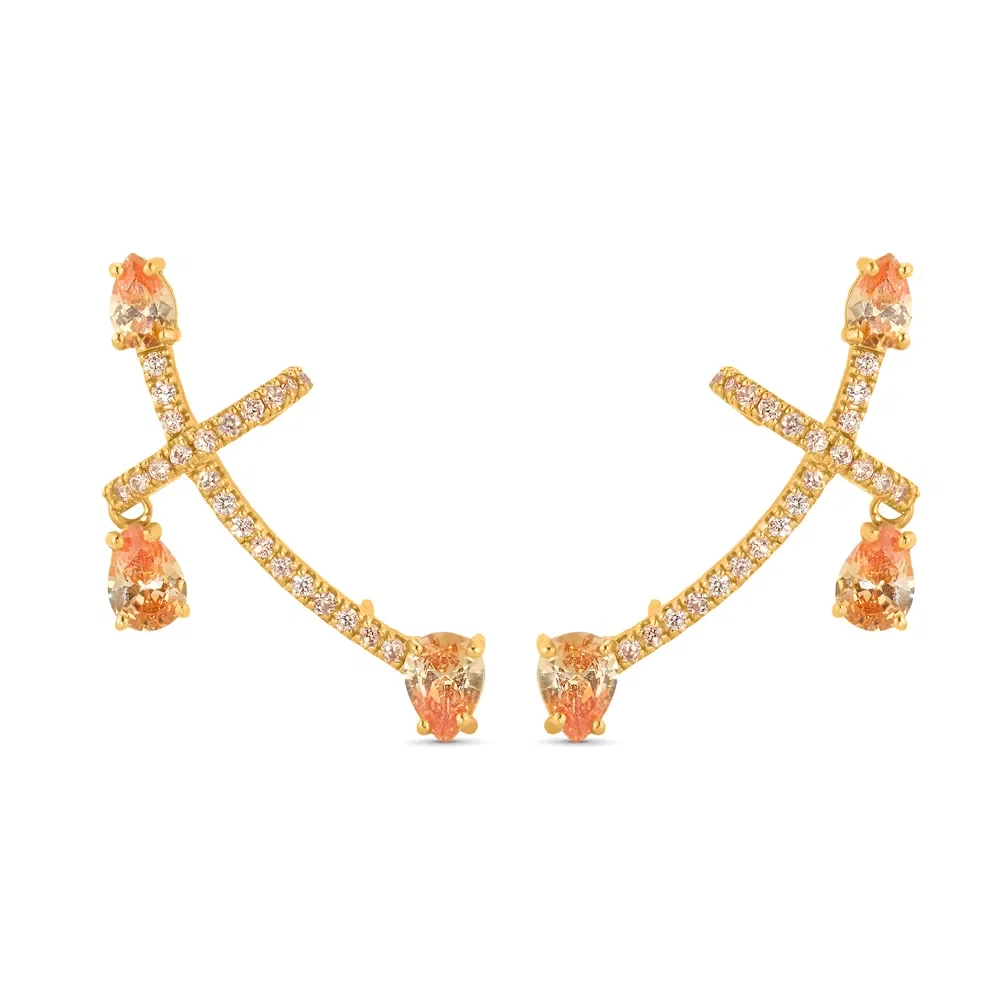 Brinco Ear Cuff Life Sun Prata Banho Ouro Amarelo Cravejado