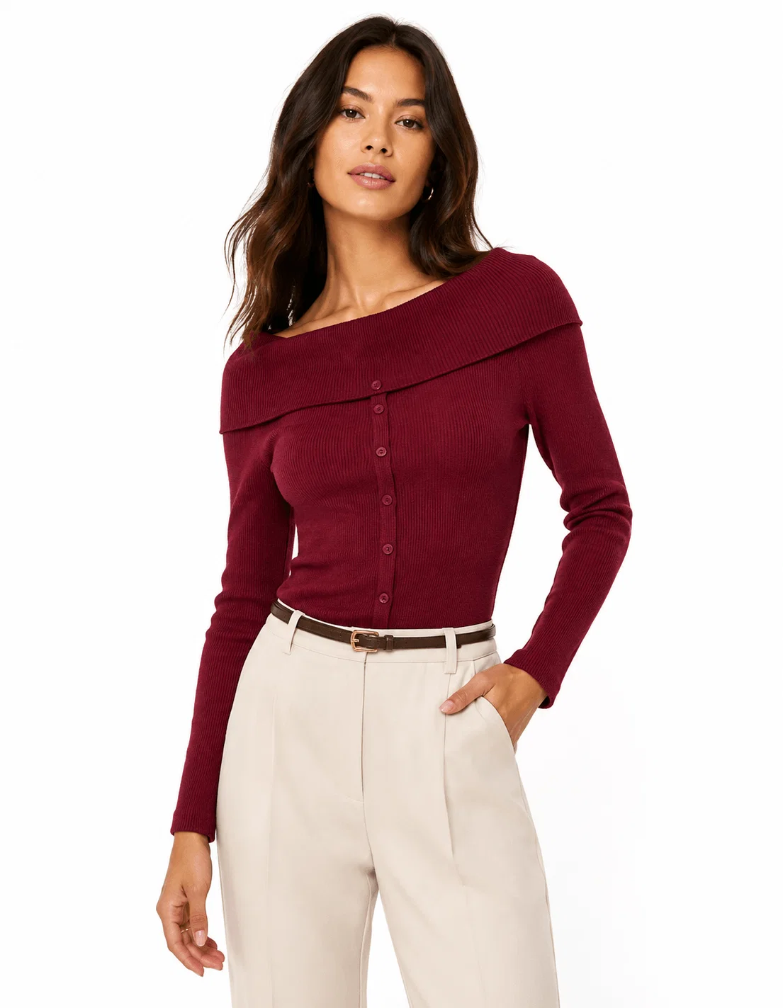 Blusa Tricot Gola Dobrada - Vinho — imagem 1