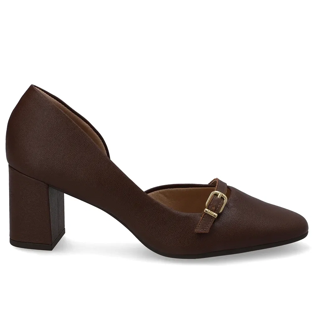 Scarpin Marrom Bico Redondo Couro Tira Enfeite — imagem 1
